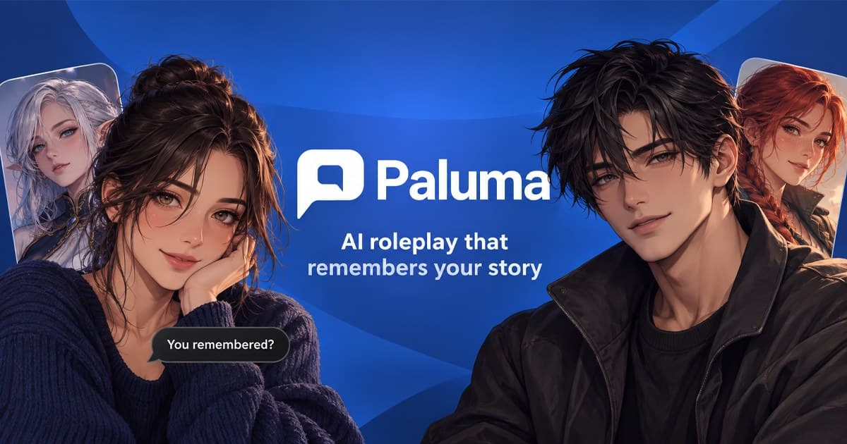 Paluma, AI roleplay that remembers your story. Illustrated characters around the Paluma logo.